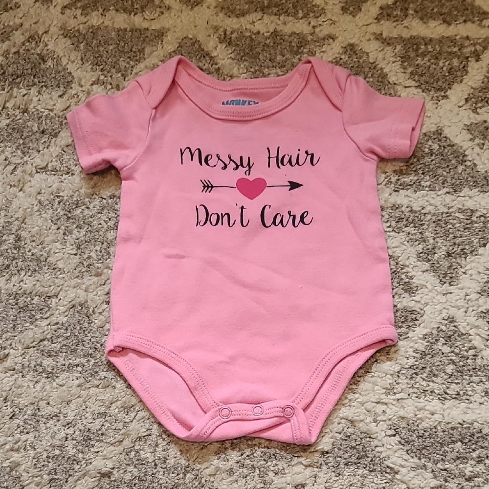 15 for $10 - Monkey Bars Girls 3-6m Pink "Messy Hair - Don't Care" Onesie
